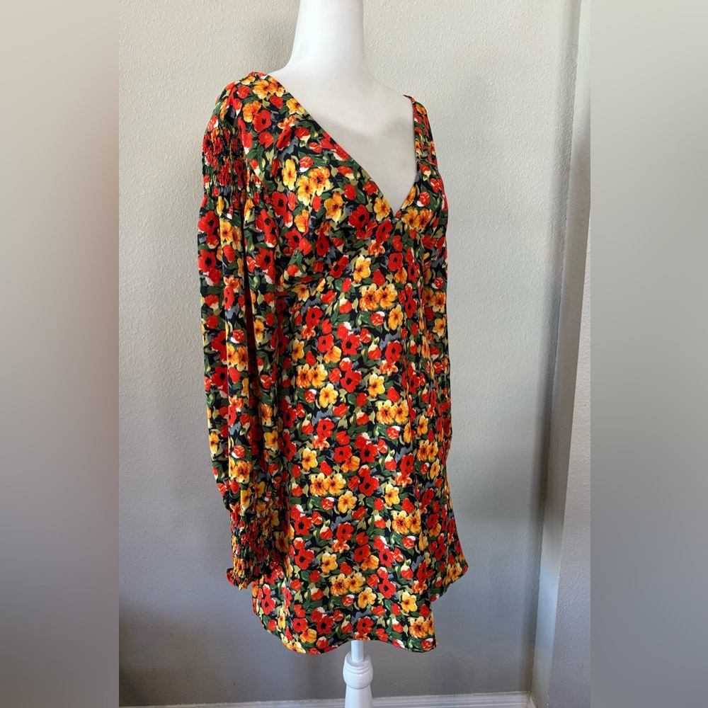 Lush Clothing (from Lulu’s) - Vibrant Red / Orange Floral Balloon Sleeve Dress